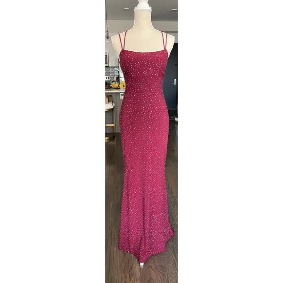 strapless open back dress MICHELLE KEEGAN FOR LIPSY RED LACE & SEQUINNED PENCIL DRESS SIZE 14 –  Whispers Dress Agency main image 0